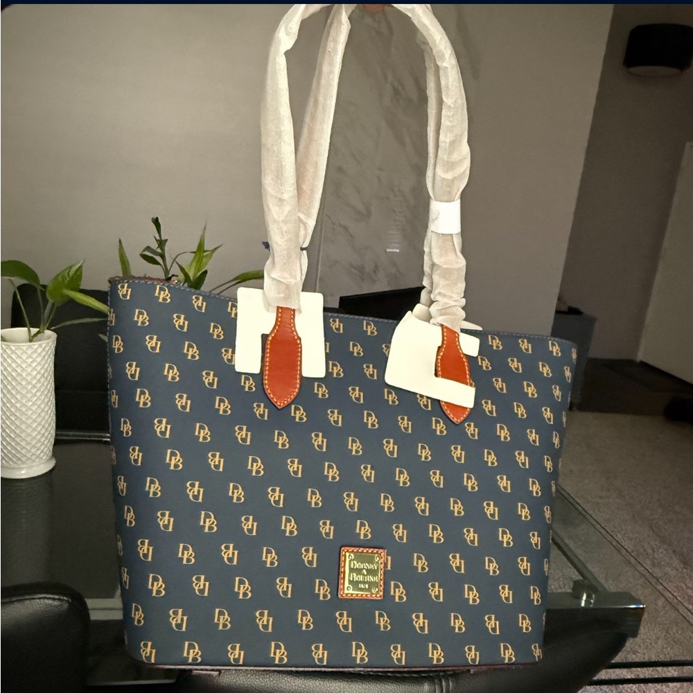 Dooney & Bourke Classic Blue and Brown Tote with Structured Design